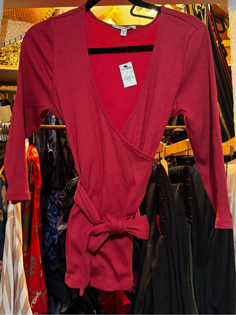 Express Ribbed Wrap Top in coral